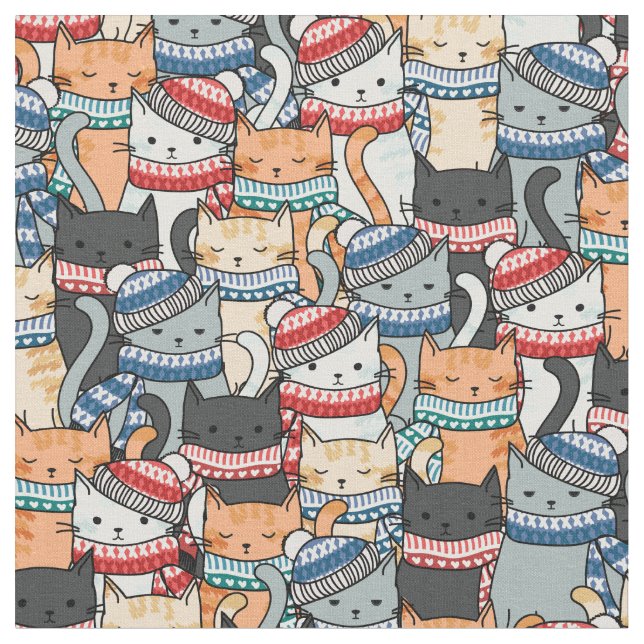 Cats in Winter Scarves & Hats Pattern Fabric (Close Up)