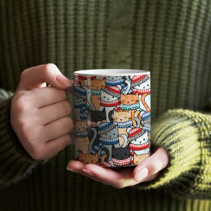 Cats in Winter Scarves & Hats Pattern Fabric Coffee Mug