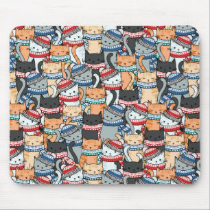Cats in Winter Scarves & Hats Pattern Fabric Mouse Pad