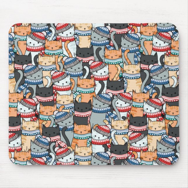 Cats in Winter Scarves & Hats Pattern Fabric Mouse Pad (Front)