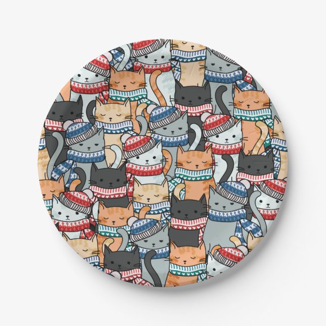 Cats in Winter Scarves & Hats Pattern Fabric Paper Plate (Front)