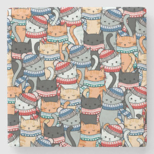 Cats in Winter Scarves & Hats Pattern Stone Coaster