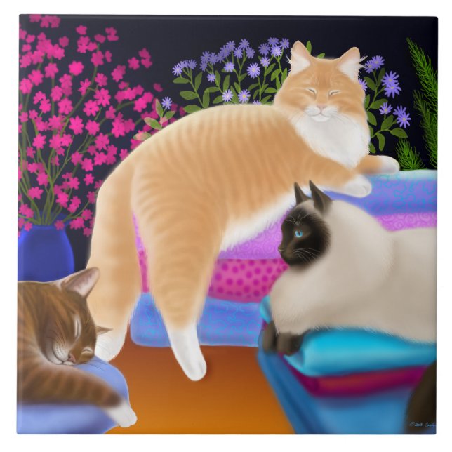 Cats Lounging on Clean Laundry Tile (Front)