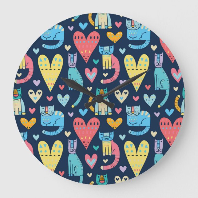 Cats Love: Colourful Vintage Seamless Large Clock (Front)
