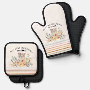 Cats Meow Grandma Cute Kitty Floral Pastel  Oven Mitt & Pot Holder Set