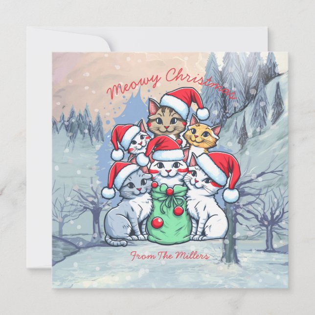 Cats Merry Christmas, Meowy Christmas, Funny Gift Invitation (Front)