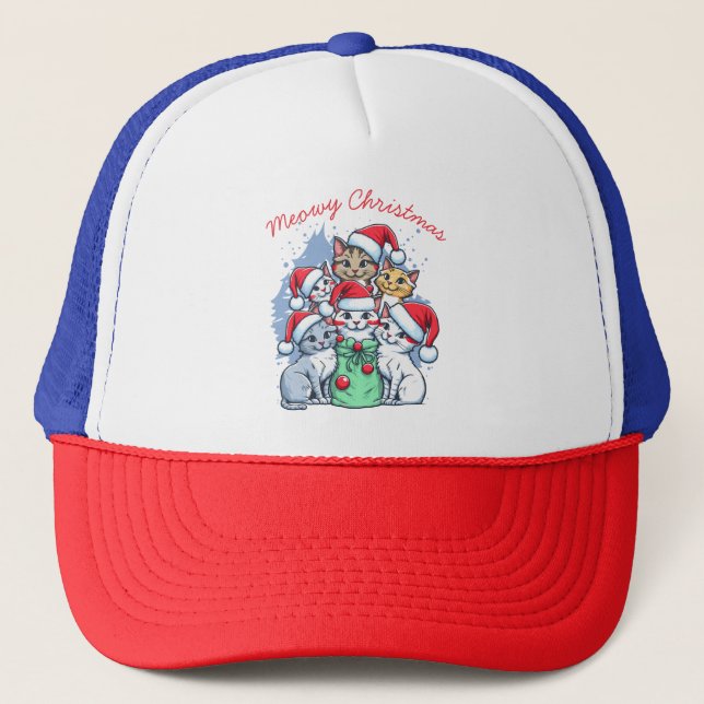 Cats Merry Christmas, Meowy Christmas, Funny Gift Trucker Hat (Front)