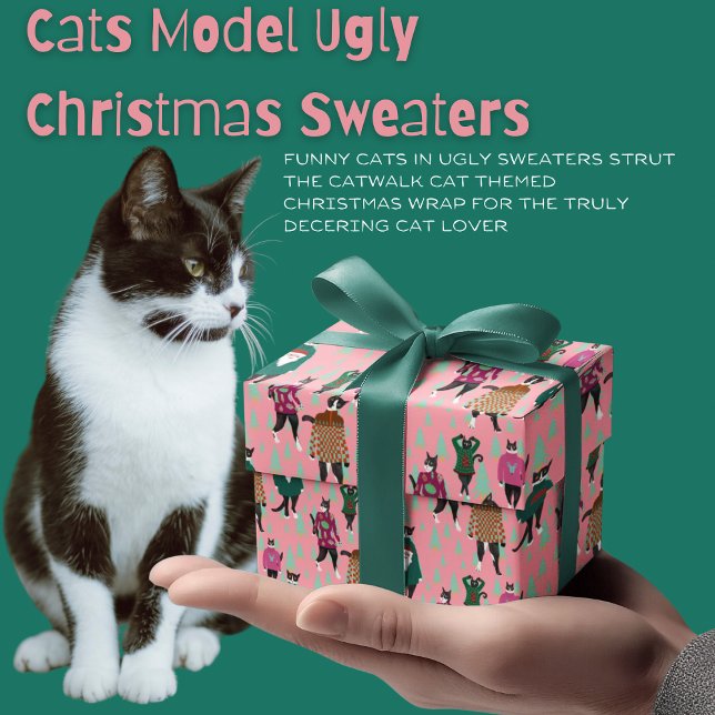 Cats Model Ugly Christmas Sweaters Pink Wrapping Paper (Creator Uploaded)