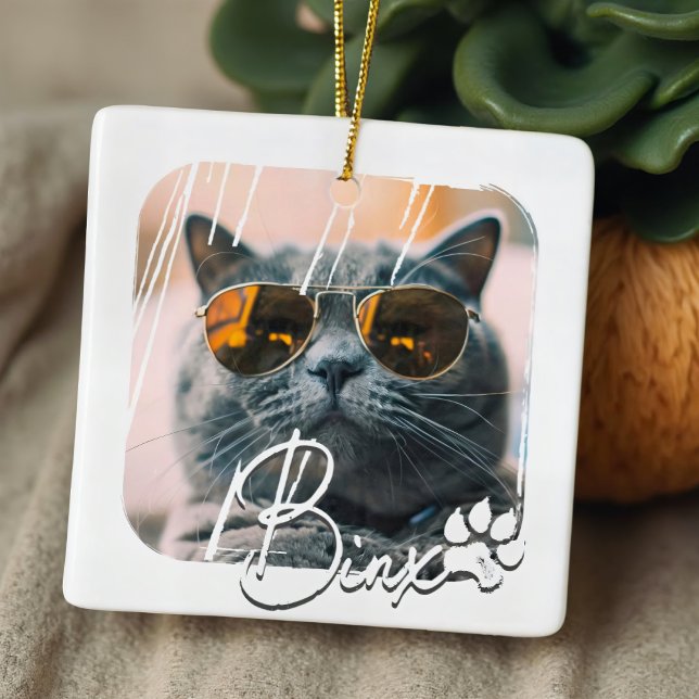 Cat's Modern Simple Cool Grunge Name and Photo Ceramic Ornament (Creator Uploaded)