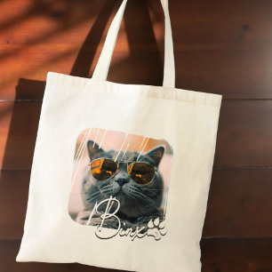 Cat's Modern Simple Cool Grunge Name and Photo Tote Bag