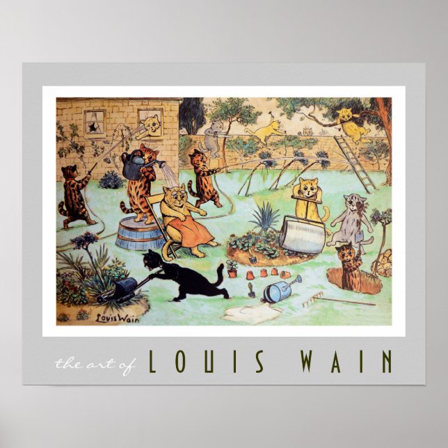 Cats Mowing the Lawn by Louis Wain (1860-1939) Poster (Front)