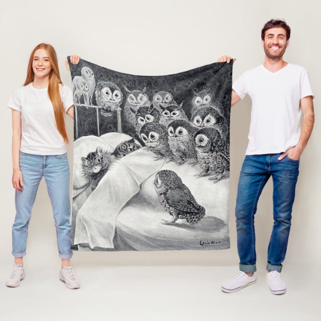 Cats Nightmare Owl Bird, Louis Wain Fleece Blanket (In Situ)