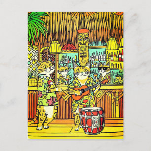 Cats on an Island Vacation in a Tiki Bar Postcard