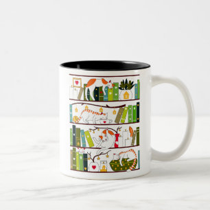 Cats On Bookshelf, Cat And Book Lover Gift Two-Tone Coffee Mug