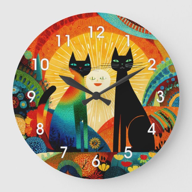 Cats on Bright and Colorful Background, Large Clock (Front)