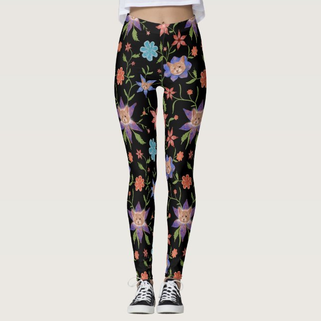 Cats on colourful flowers leggings (Front)