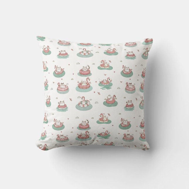 Cats on Inflatable Rings Throw Pillow (Front)