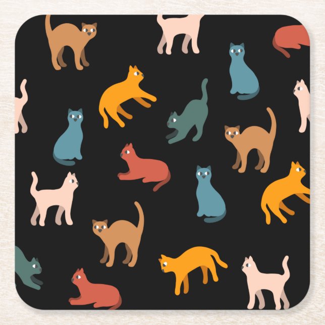 Cats on the black square paper coaster (Front)