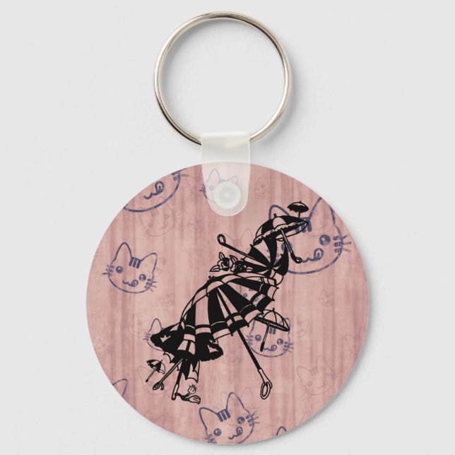 cats Parasols Umbrellas Ink art Illustration   Key Ring (Front)