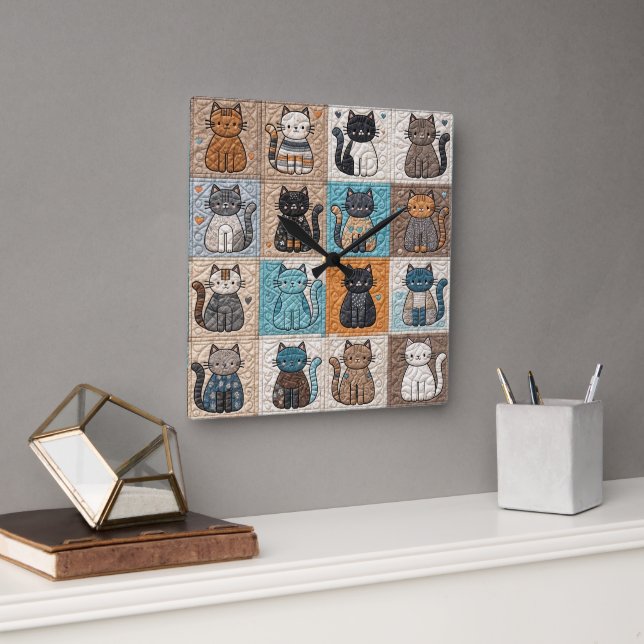 Cats Patchwork Quilt Pattern Square Wall Clock (Office)