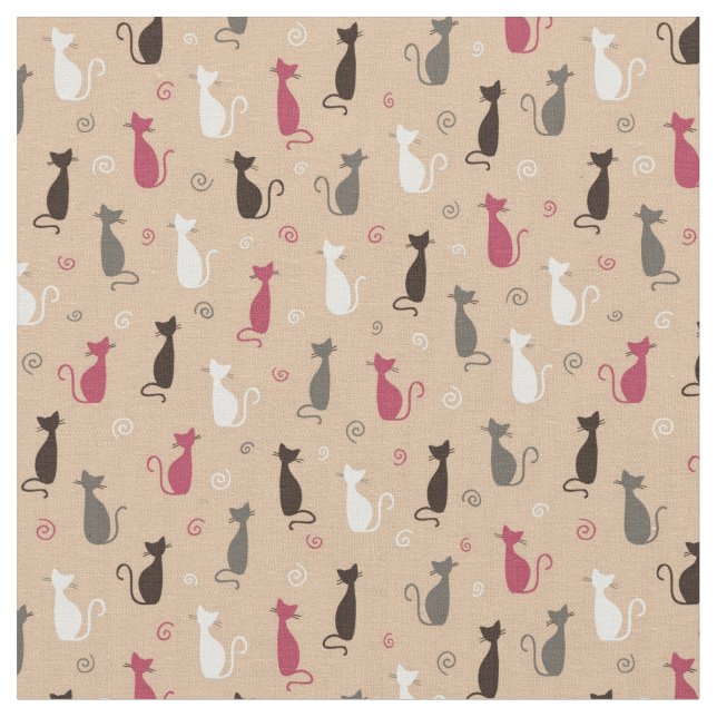 cats Pattern Pink Fabric (Close Up)