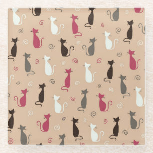 cats Pattern Pink Glass Coaster