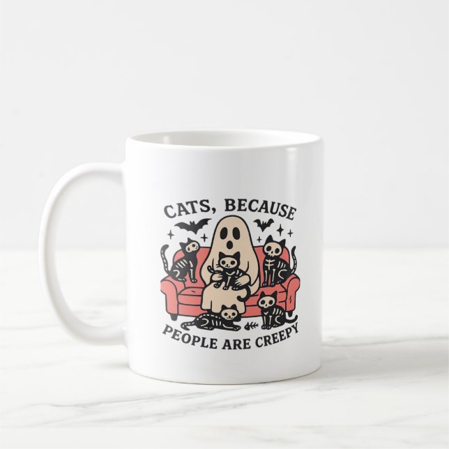 Cats People Are Creepy Skeleton Halloween Tee Over Coffee Mug (Left)