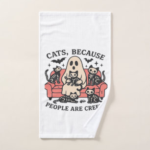 Cats People Are Creepy Skeleton Halloween Tee Over Hand Towel