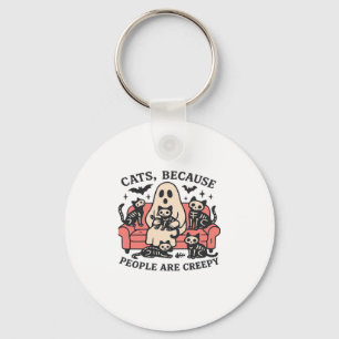 Cats People Are Creepy Skeleton Halloween Tee Over Key Ring