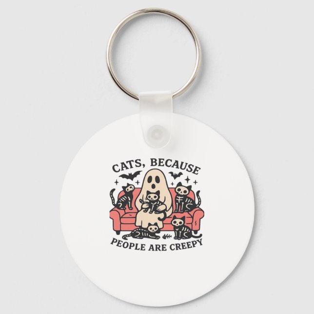 Cats People Are Creepy Skeleton Halloween Tee Over Key Ring (Front)