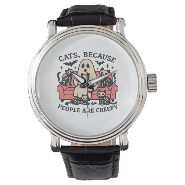 Cats People Are Creepy Skeleton Halloween Tee Over Watch (Front)