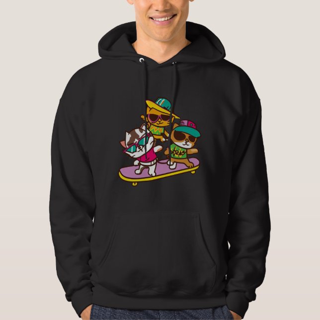 Cats Play Skateboard Wearing Glasses Hip Hop Hat   Hoodie (Front)