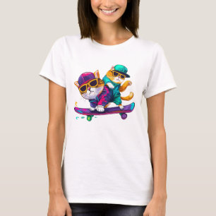 Cats Play Skateboard Wearing Glasses Hip Hop Hat T-Shirt