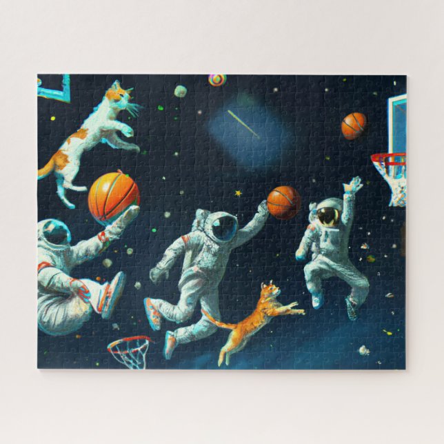 Cats Playing Basketball in Space with Astronauts Jigsaw Puzzle (Horizontal)