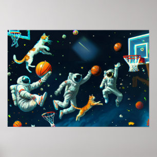 Cats Playing Basketball in Space with Astronauts Poster