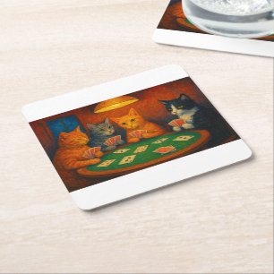 Cats Playing Cards Square Paper Coaster