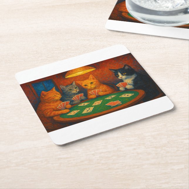 Cats Playing Cards Square Paper Coaster (Angled)