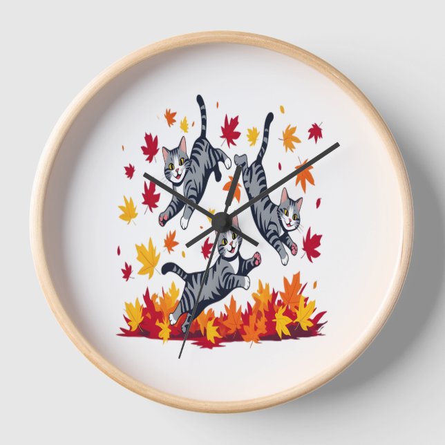 Cats Playing in Autumn Leaves Clock (Front)