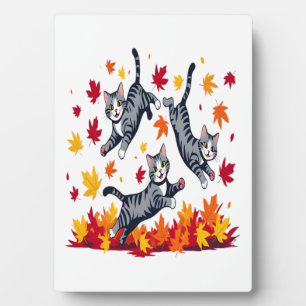 Cats Playing in Autumn Leaves Plaque
