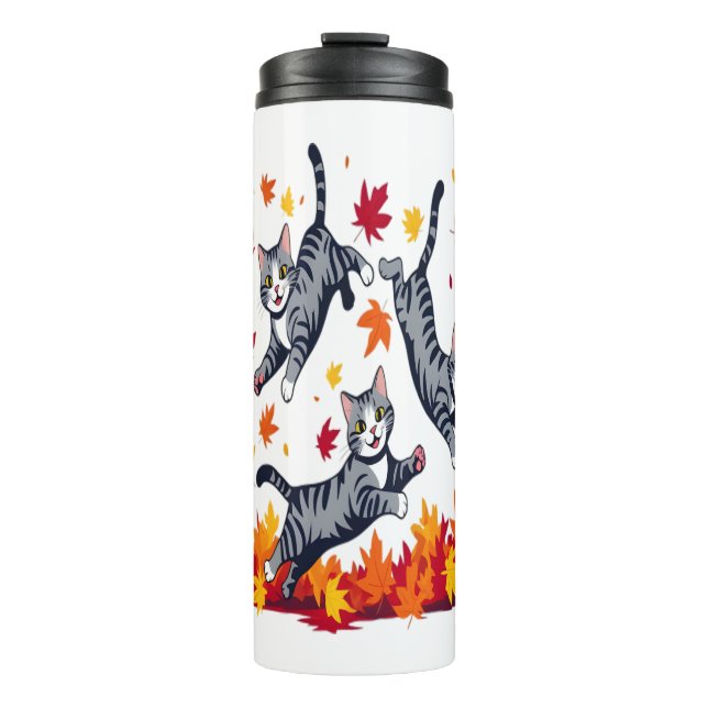 Cats Playing in Autumn Leaves Thermal Tumbler (Front)