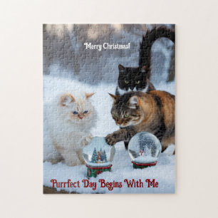 Cats playing in snow with snowglobes jigsaw puzzle