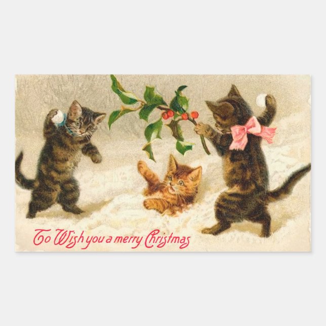 Cats playing in the snow Vintage Christmas Sticker (Front)