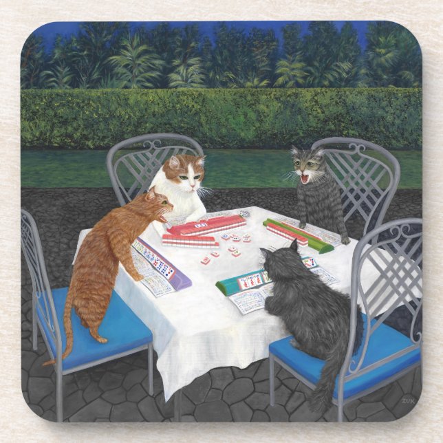 Cats Playing Mahjong Coaster (Front)