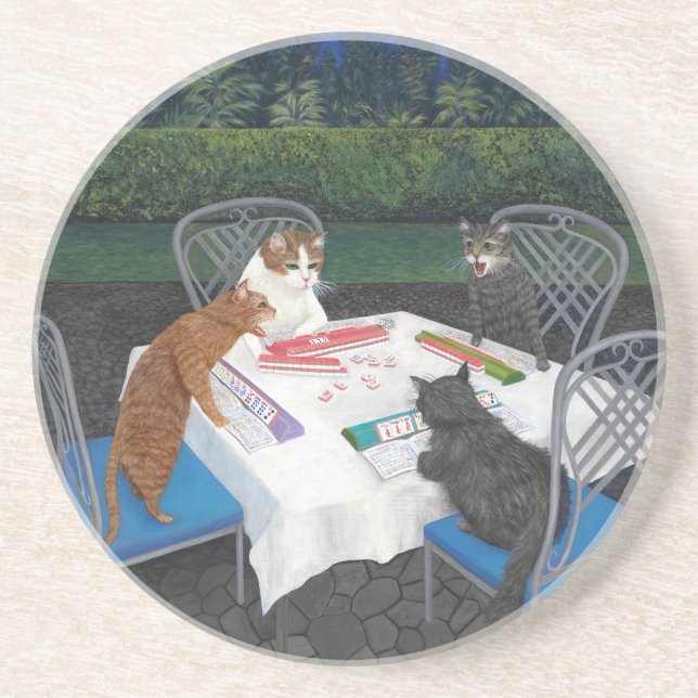 Cats Playing Mahjong Coaster (Front)