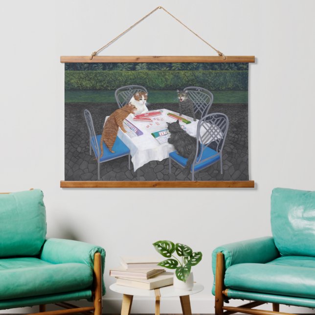 Cats Playing Mahjong Hanging Tapestry (Living Room)