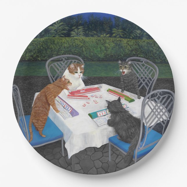 Cats Playing Mahjong Paper Plate (Front)