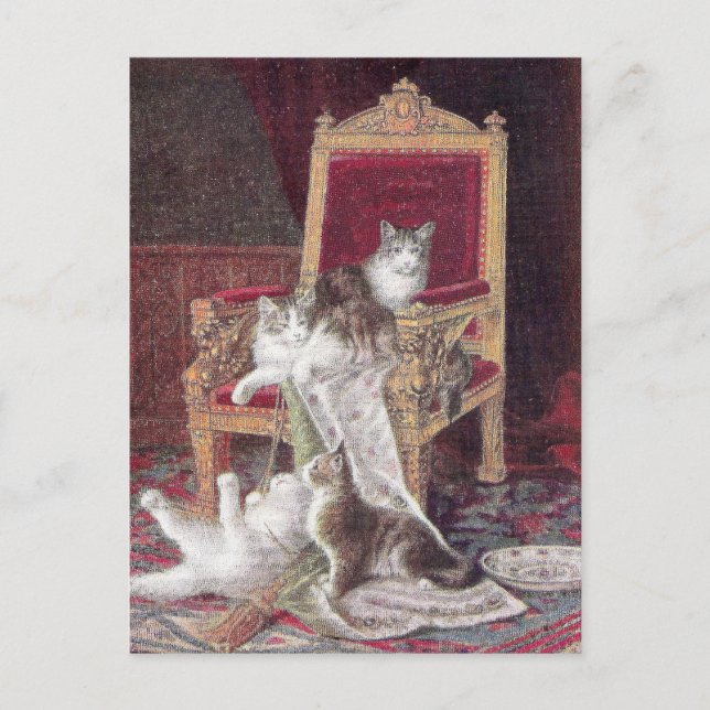 Cats Playing on Red Velvet Chair Vintage Postcard (Front)