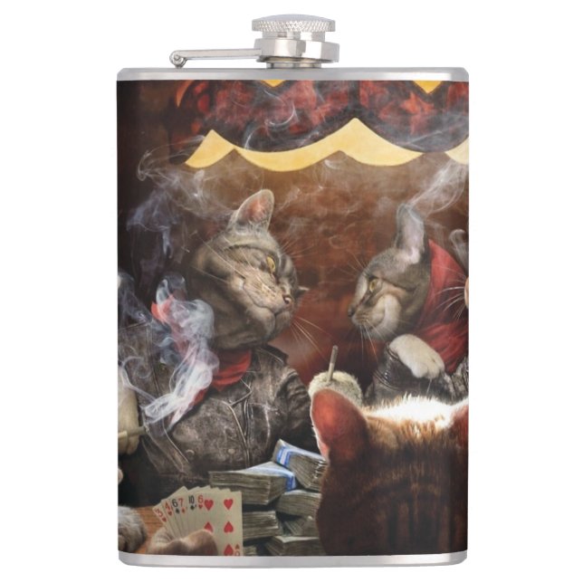 Cats playing poker hip flask (Front)