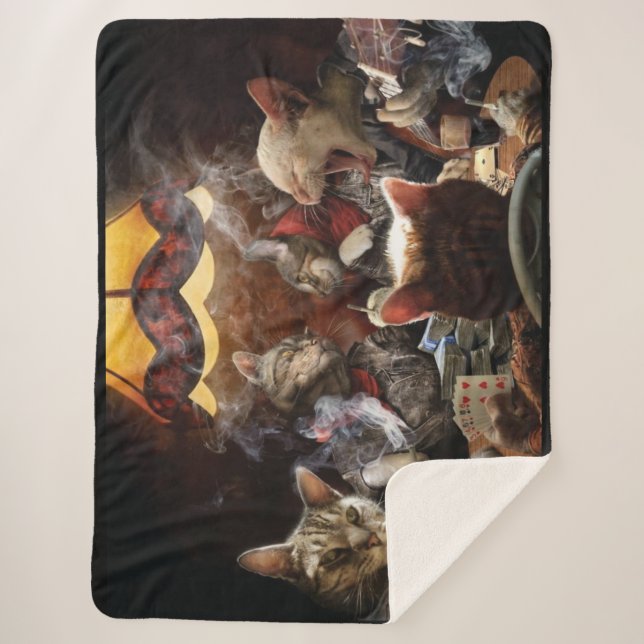 Cats playing poker   sherpa blanket (Front)