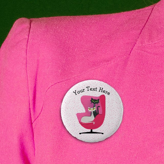 Cats Pretty Eyes Mid Century Pink Chair Dots 6 Cm Round Badge (Two cats pretty green yellow eyes in mid century pink chair with pink dots on white pin back button.)